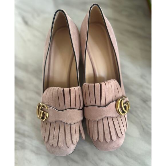 Gucci Double GG Marmont Blush Pink Suede Fringe Loafer Pump - Picture 7 of 15
